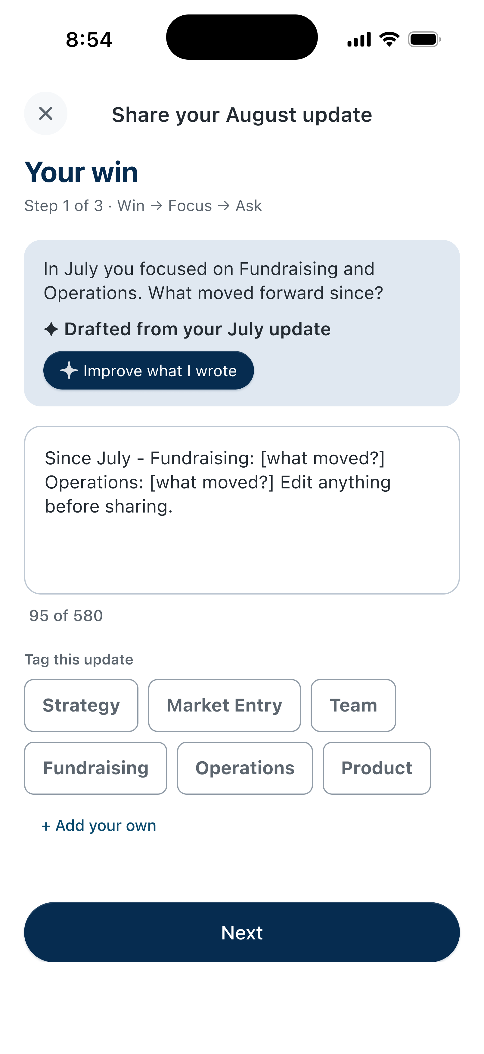 CEO XB monthly update screen with an AI-drafted scaffold from July’s update and an Improve what I wrote button